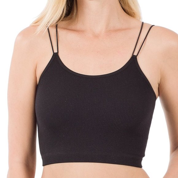 Zenana NWT Ribbed Seamless Double Strap Brami in Black - Picture 1 of 2